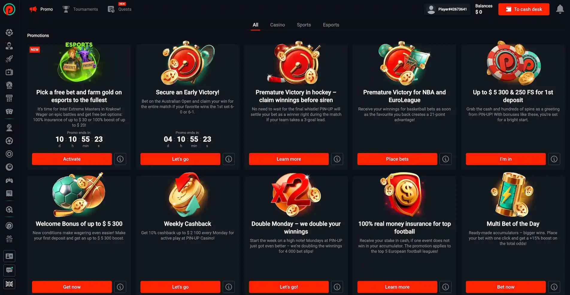 pinup all bonuses displayed