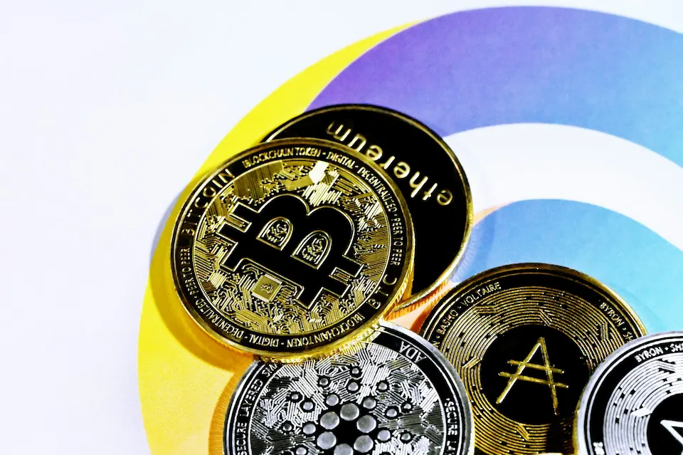 Cryptocurrencies on a white background.